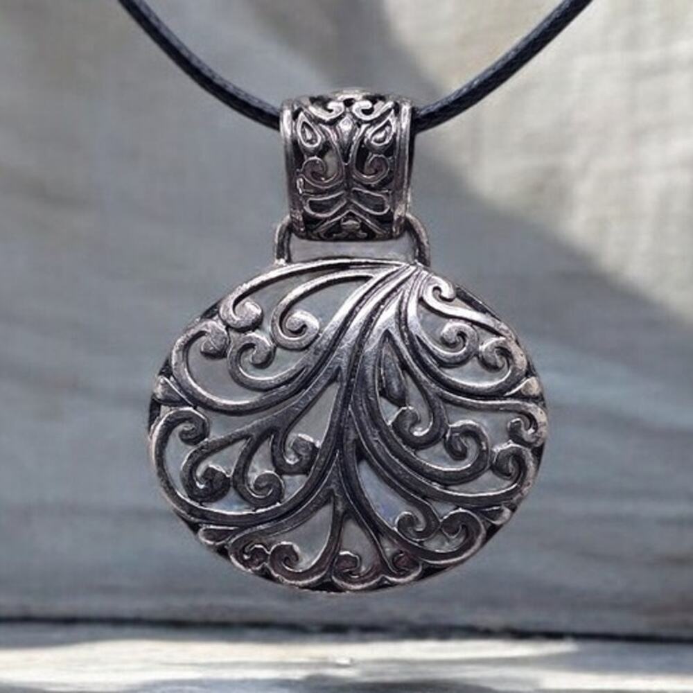 Ornate Scrollwork Silver 925 Filigree Pendant Corded Necklace Romantic Elegant